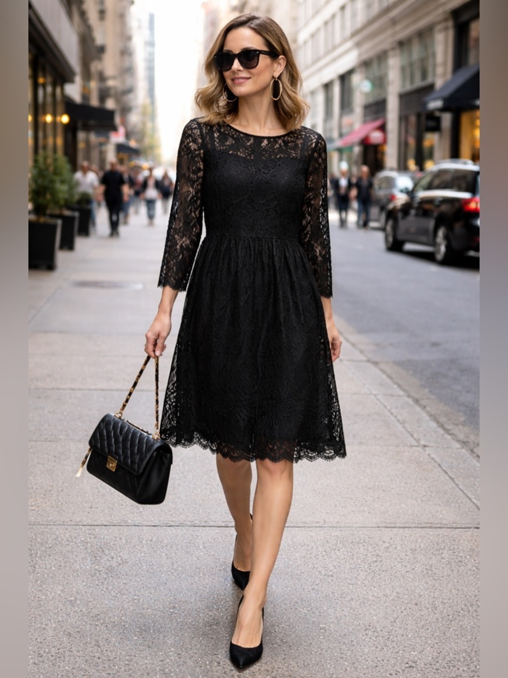 NURTURE Women’s Black Long Sleeve Embroidered Lace Overlay Dress L NEW